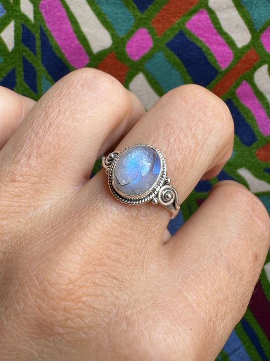 925 Silber Regenbogen Mondstein Ring Größe 16 - G5