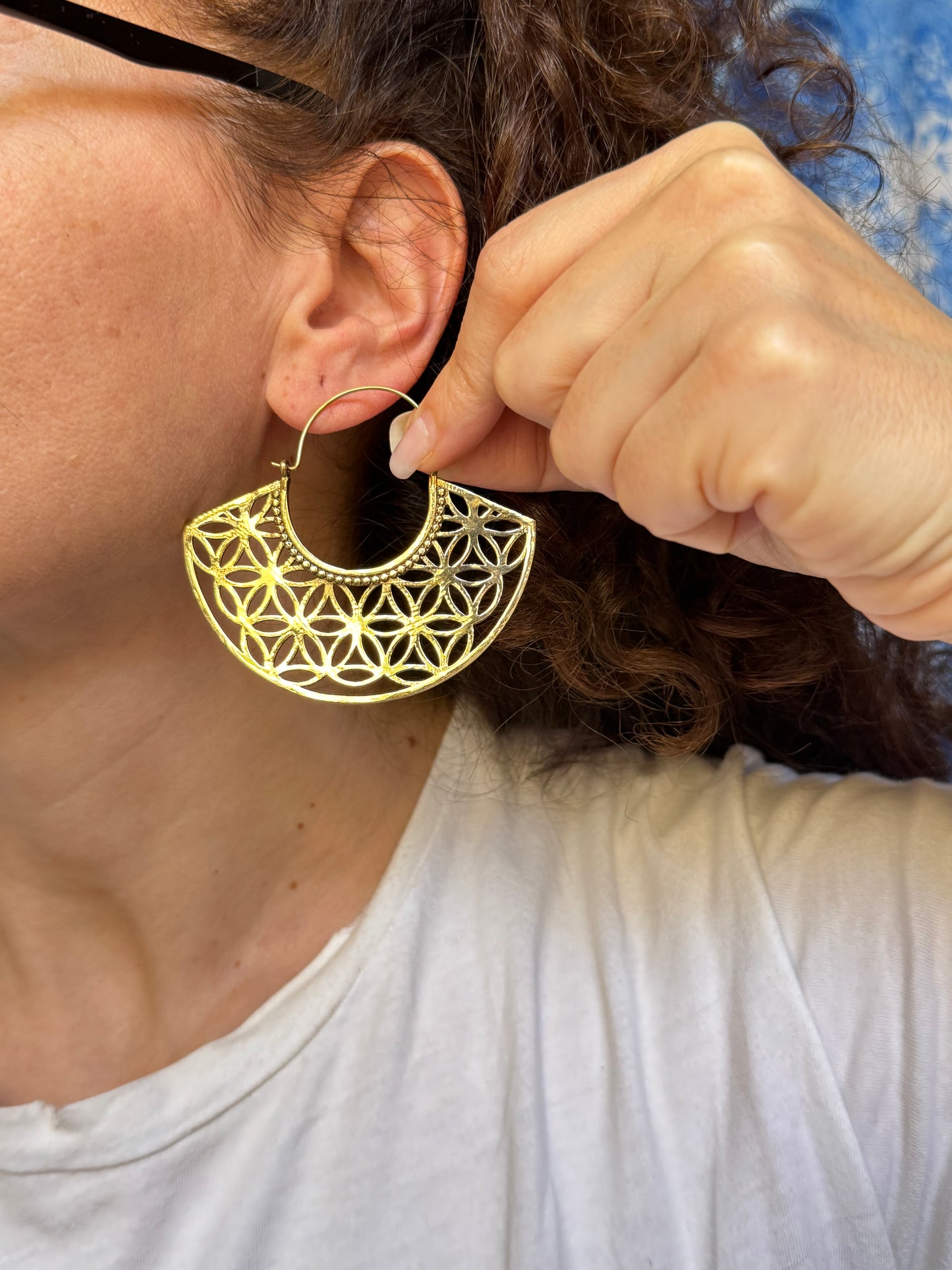 Orecchini boho dorati cerchi ventaglio fiore della vita