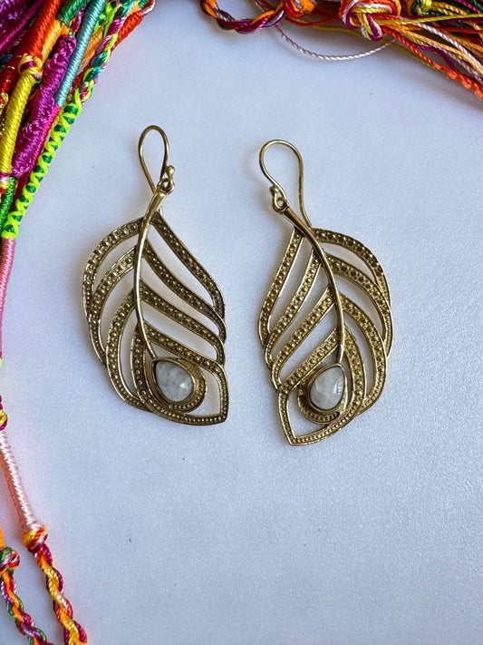 Gold Feather Moonstone Boho Earrings