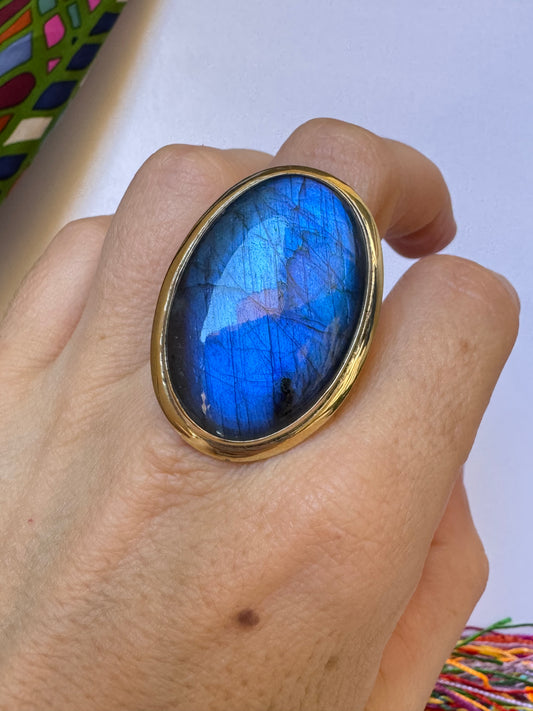 Anello boho dorato labradorite regolabile