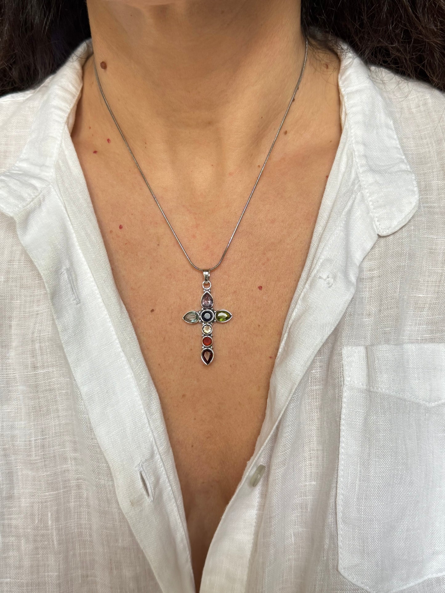 Ciondolo argento 925 croce 7 chakra V12