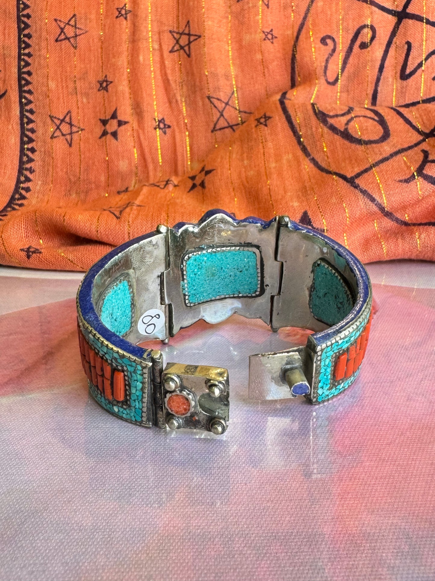 Vintage Nepalese pink and blue turquoise flower bangle bracelet