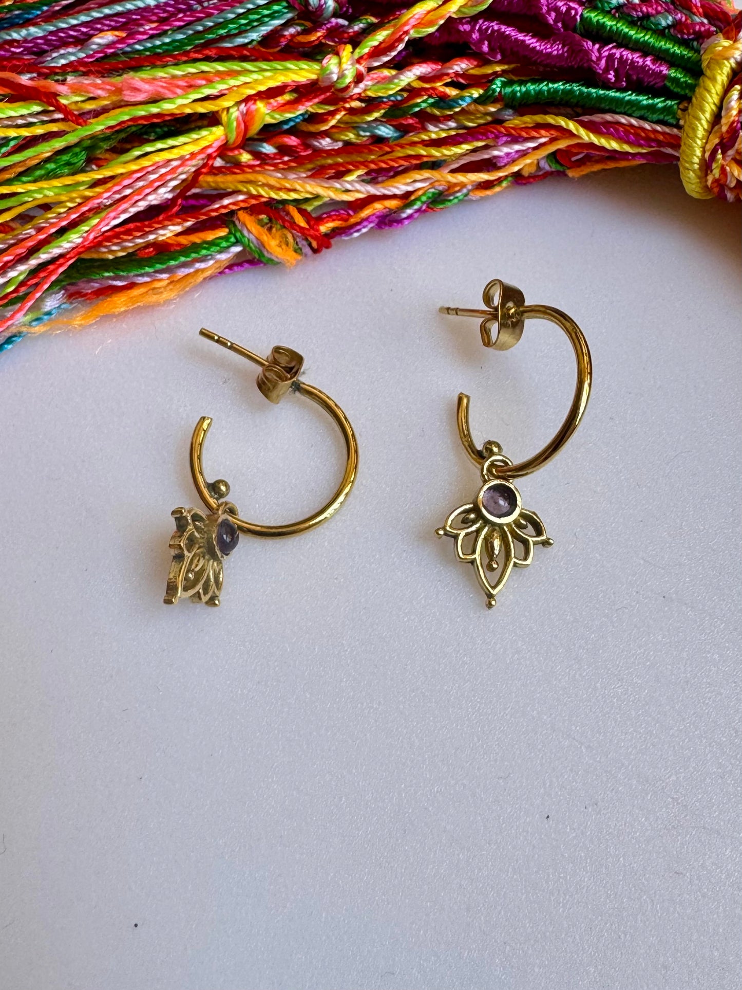 Golden boho earrings with purple circle