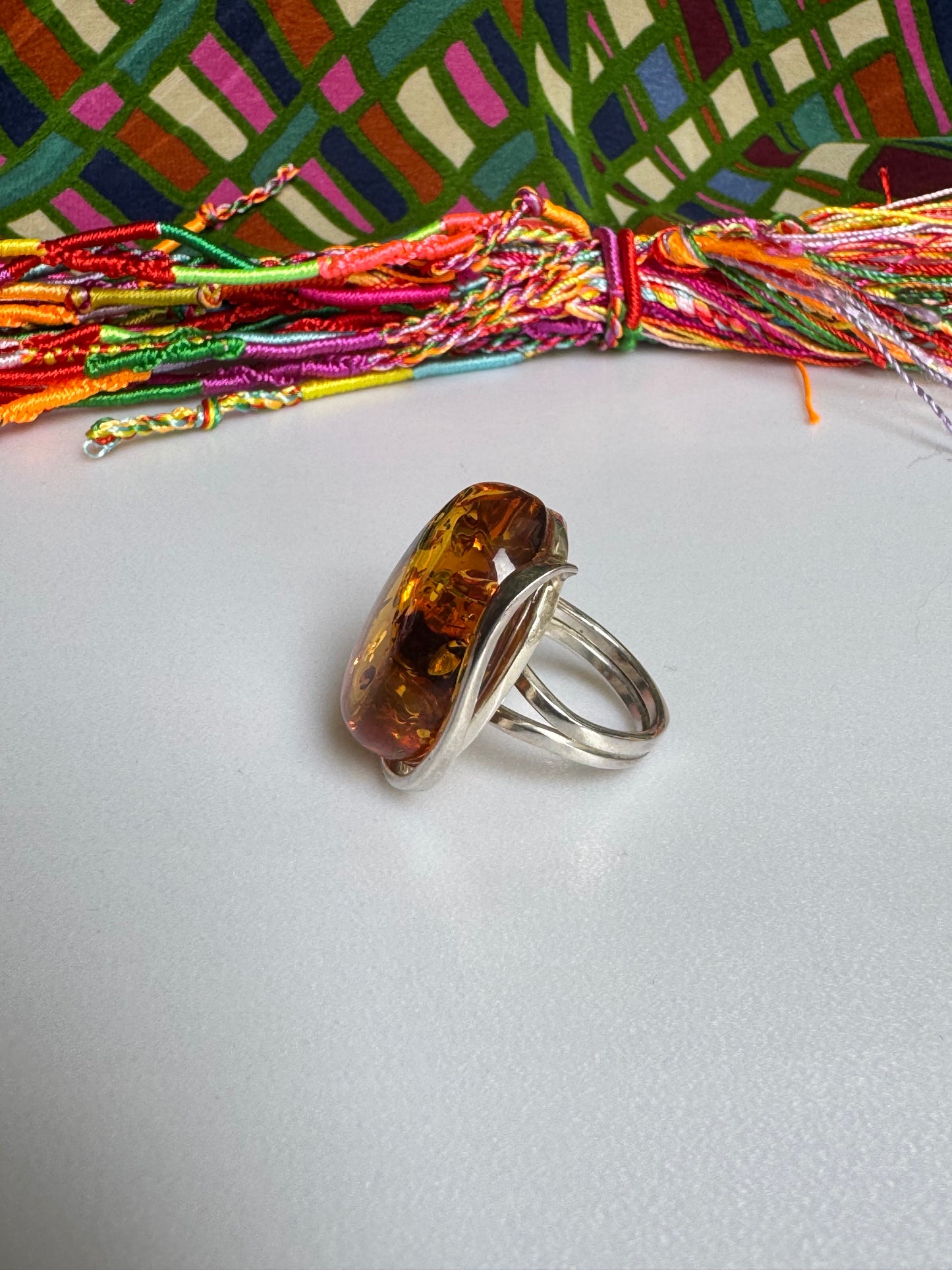 925er Silberring mit Bernstein, Größe 18, verstellbar, 57A