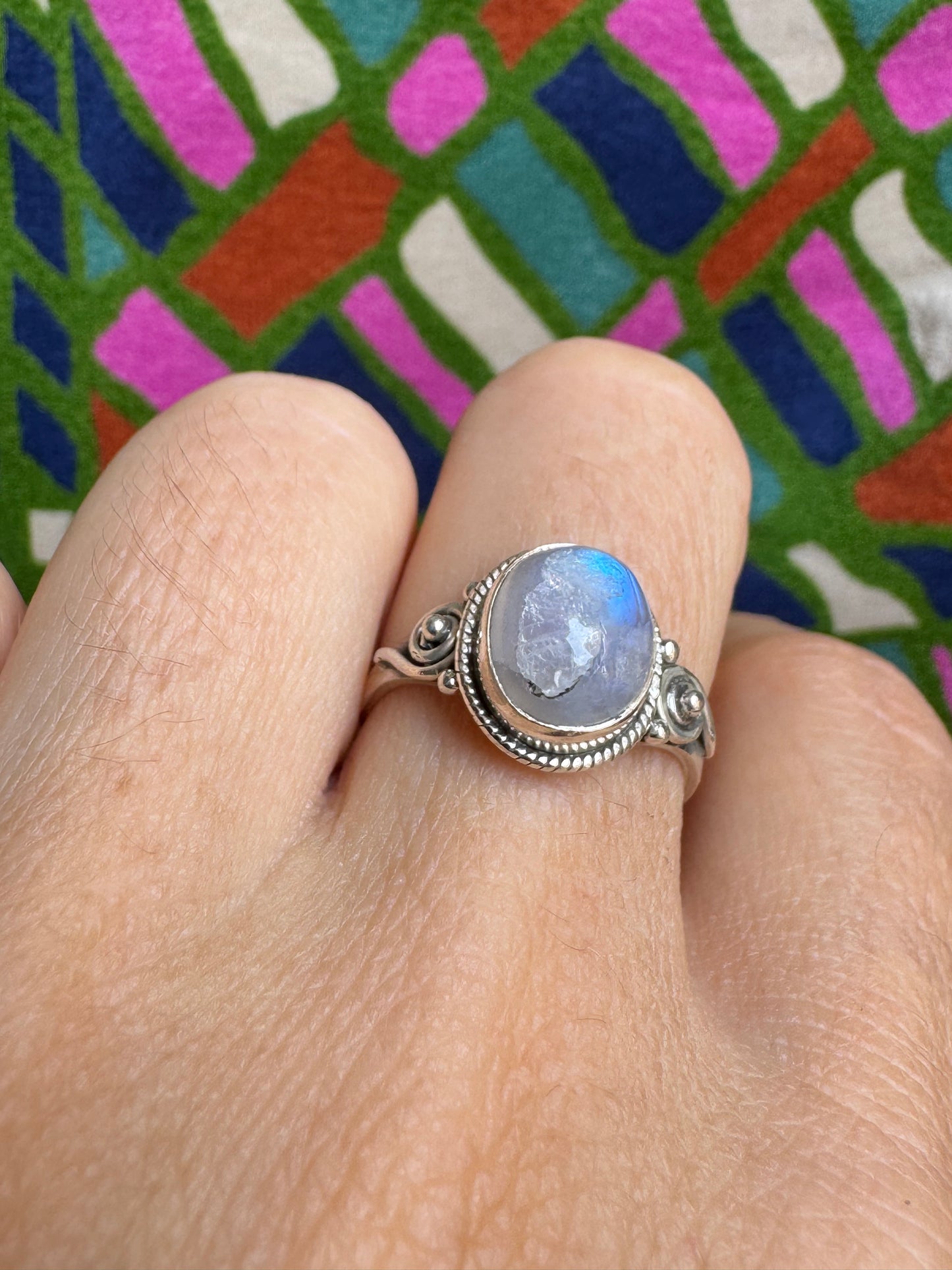 925 Silber Regenbogen Mondstein Ring Größe 16 - G5