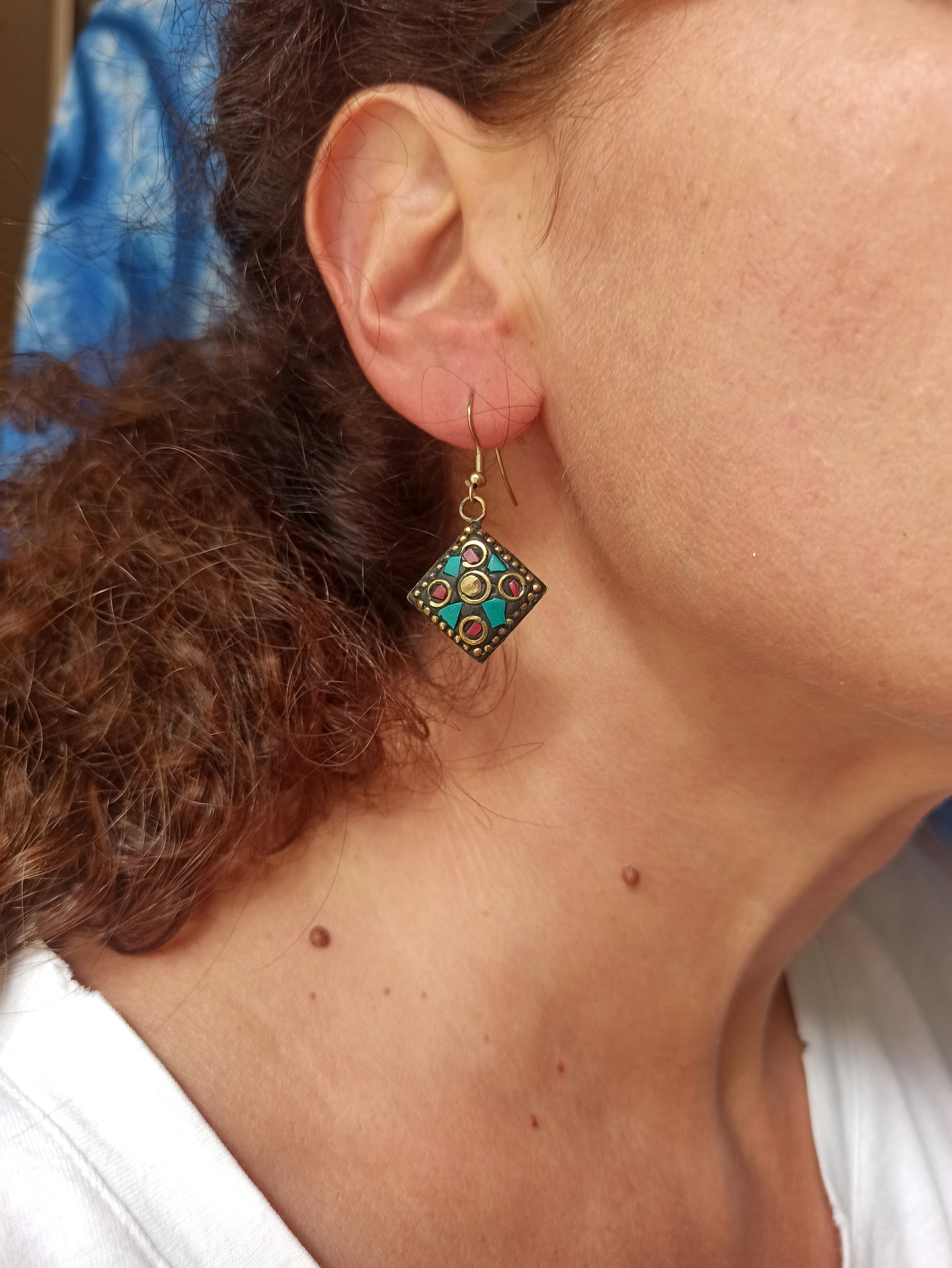 Red and turquoise Nepalese mosaic earrings
