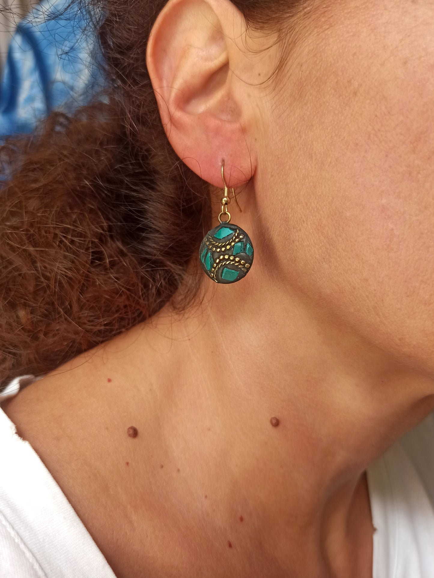 Turquoise green Nepalese mosaic earring