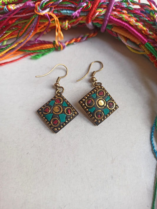 Red and turquoise Nepalese mosaic earrings