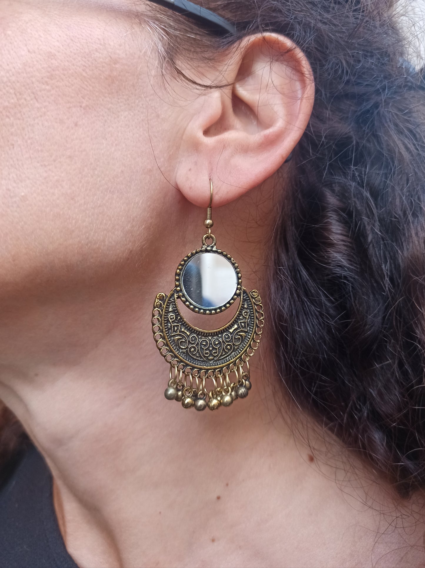Golden boho mirror pendant earrings