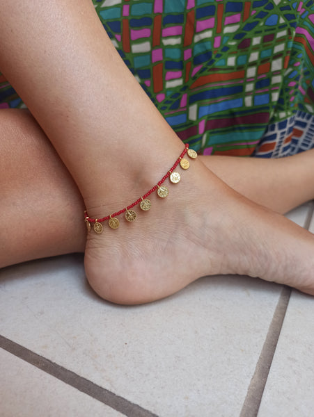 Cavigliera perline rosse+monetine dorate