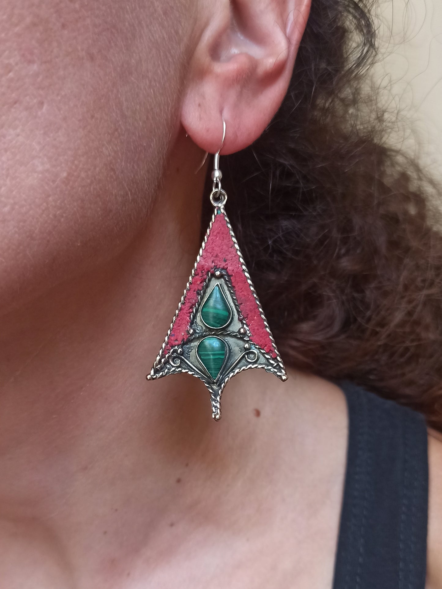 Red and green Nepalese earrings