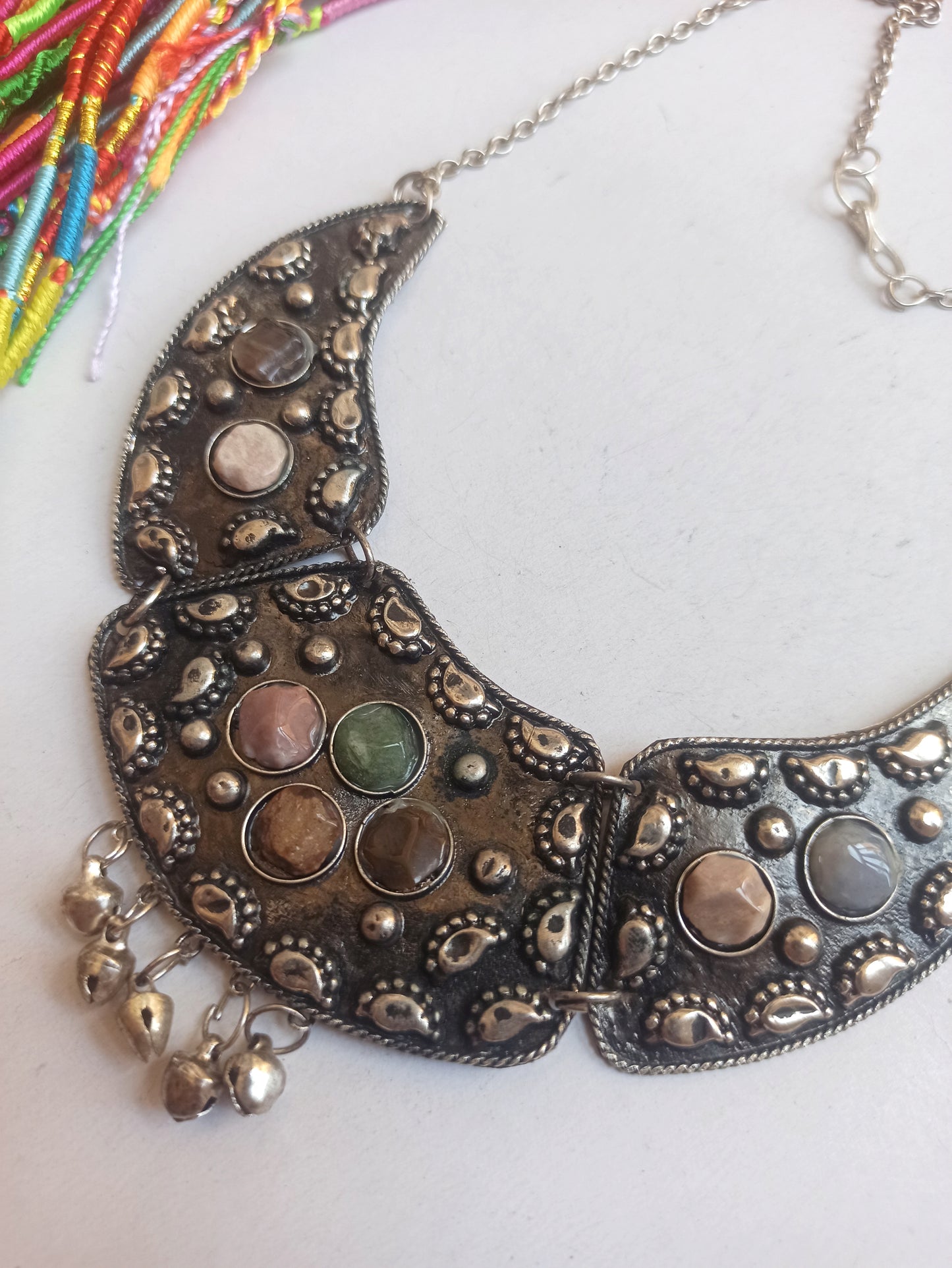 Silver bib necklace with stones