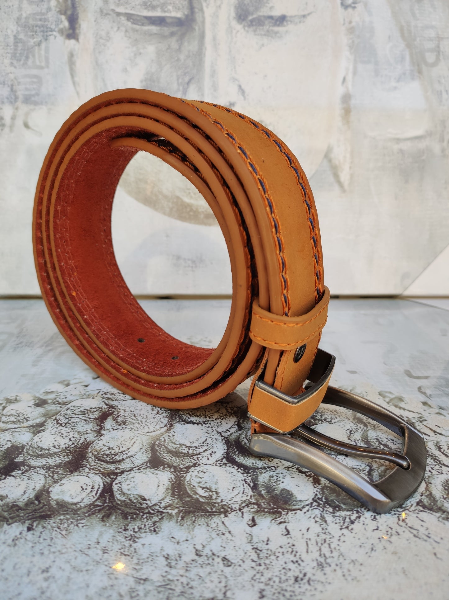 Cintura marrone senape pelle cuoio uomo belt real leather cm 130