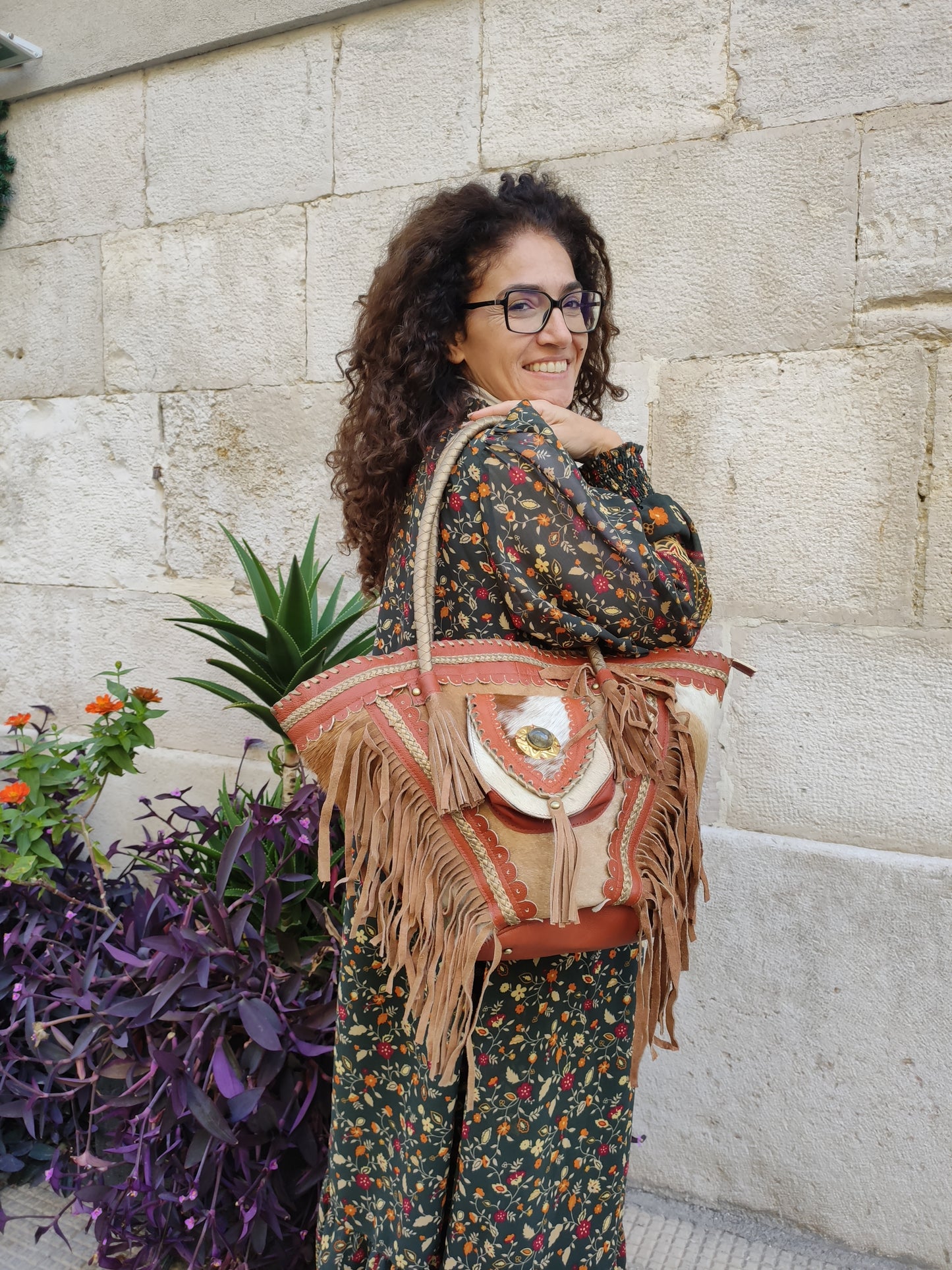 Super outfit cowgirl boho brown black leather shopper bag
