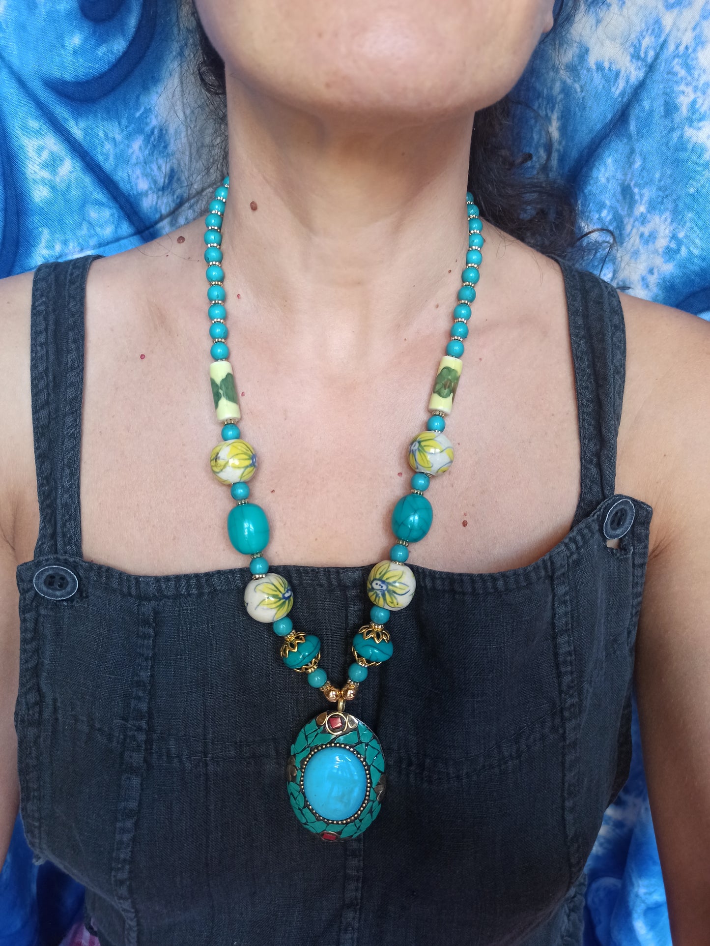 Nepalese Long Necklace with Turquoise Medallion