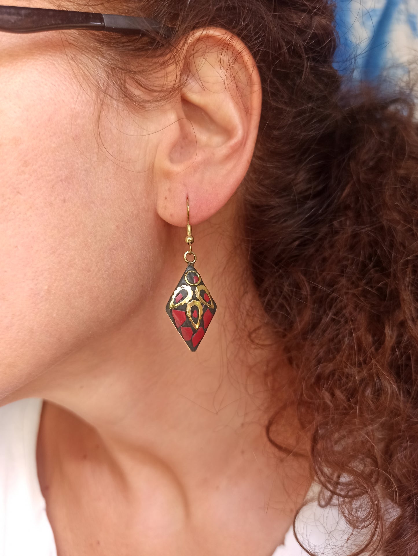 Red Nepalese mosaic rhombus earrings