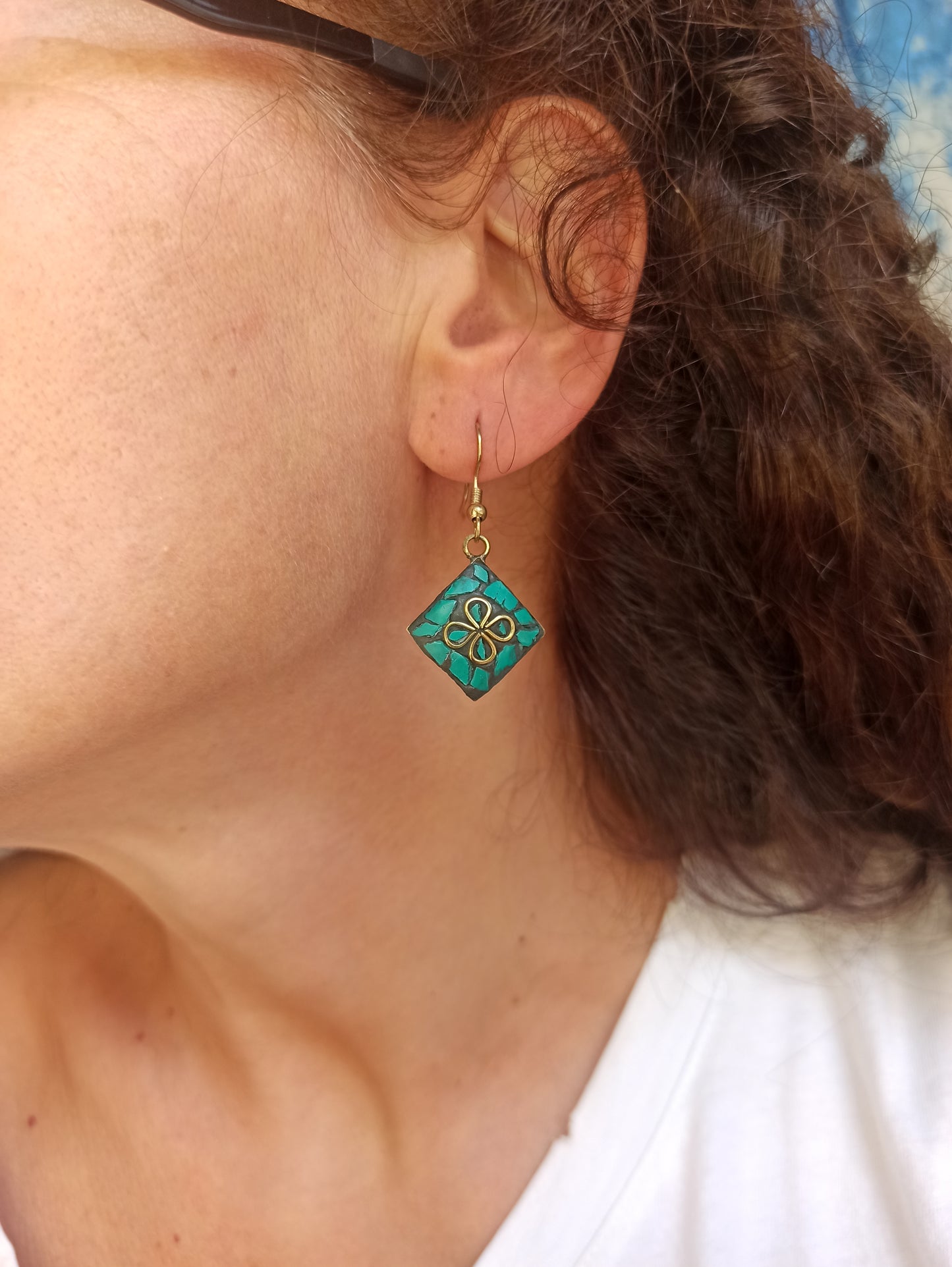 Turquoise green Nepalese mosaic earring