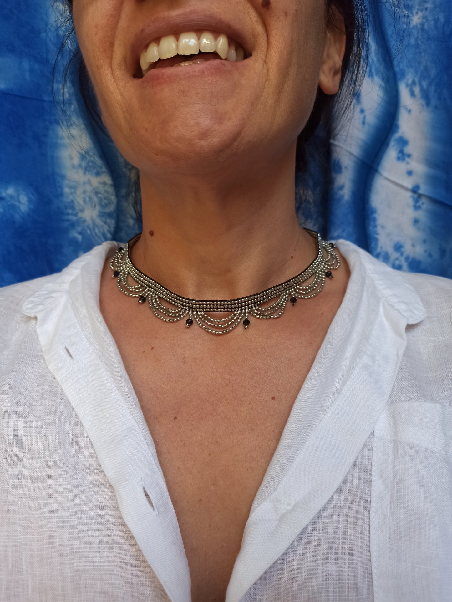 Silver and black beaded necklace