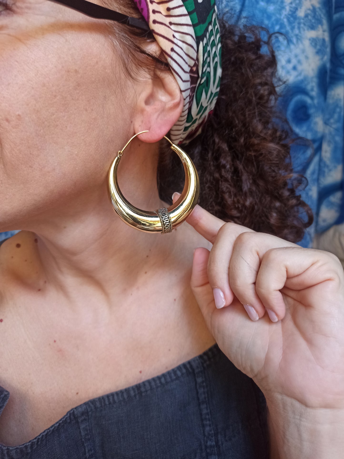 Tribal domed gold hoop boho earrings