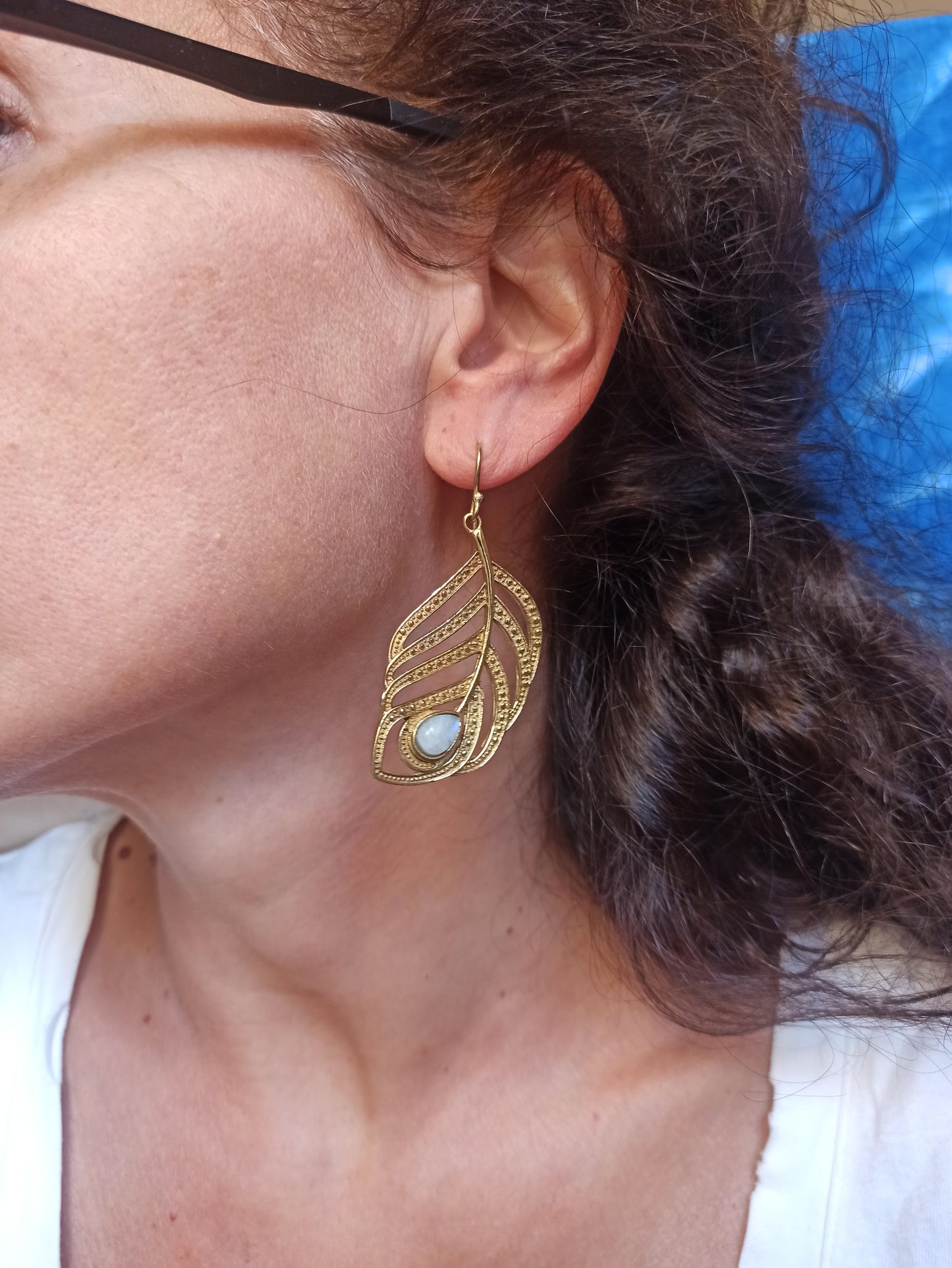 Gold Feather Moonstone Boho Earrings