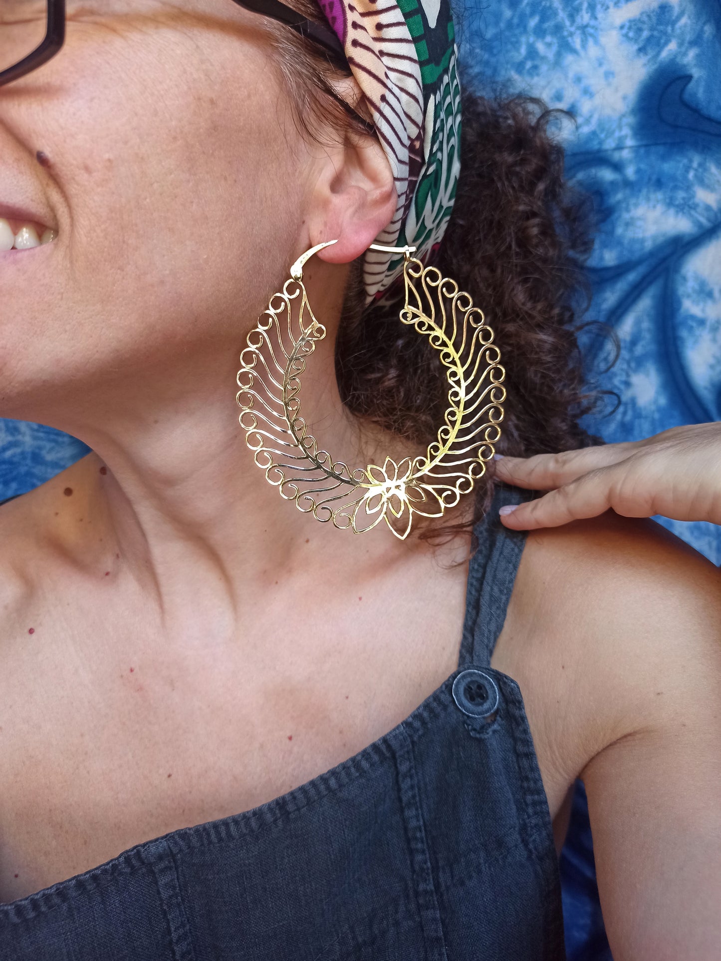 Giant lotus hoop gold boho earrings
