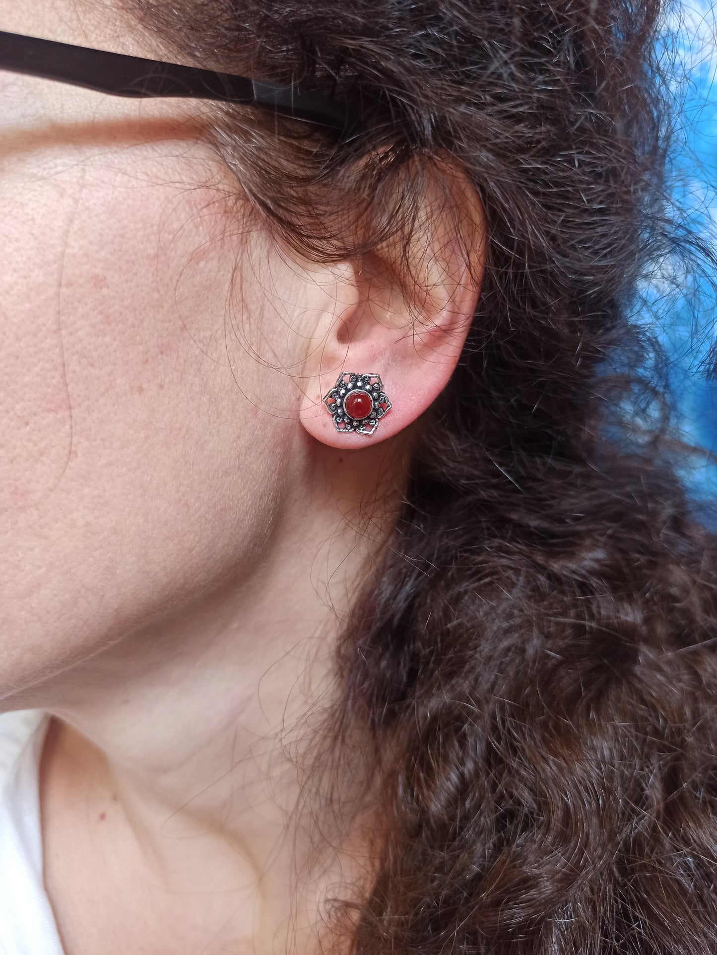 Boho earrings silver red lobe