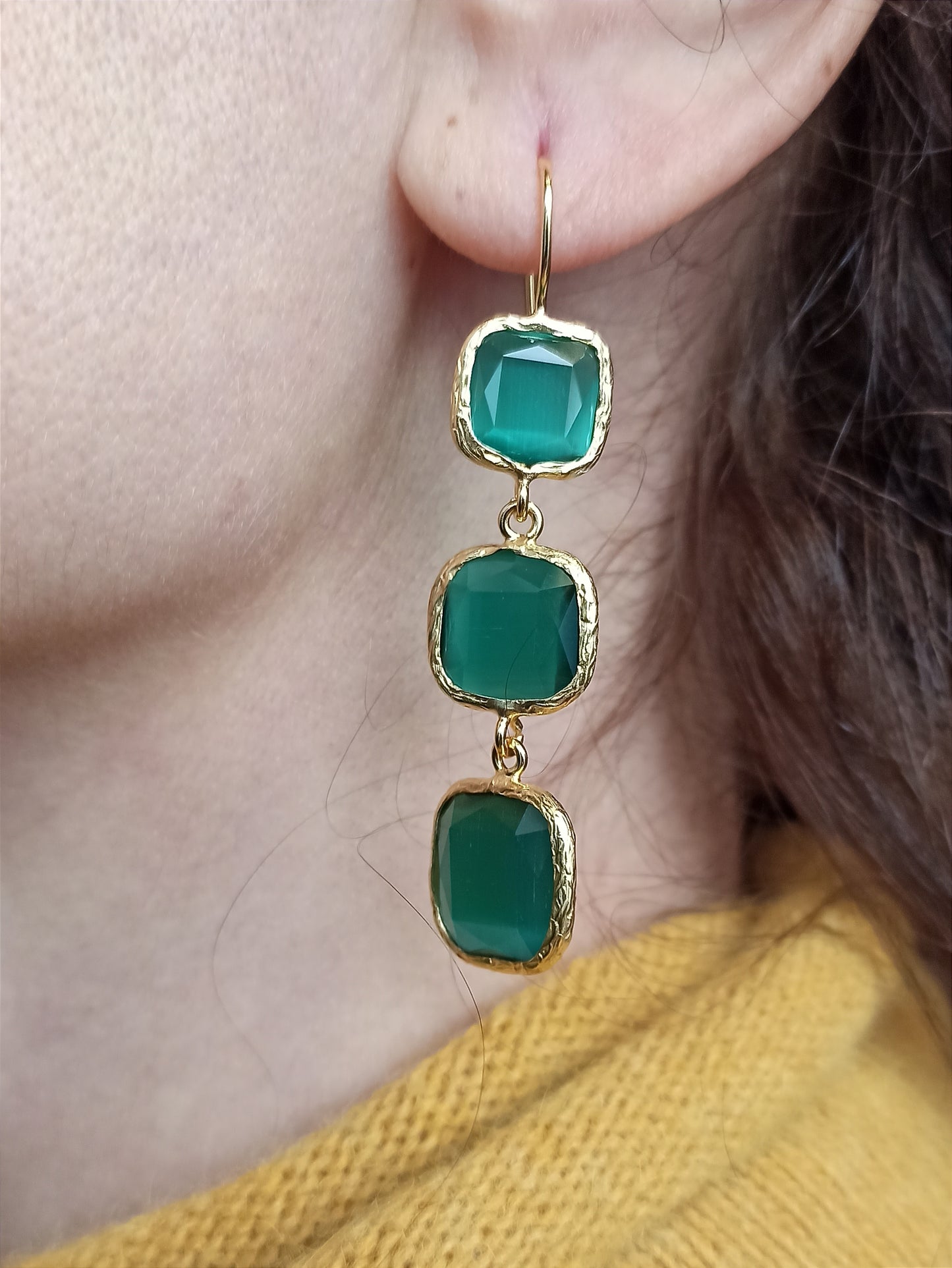 Orecchini 3 pietre verde bottiglia