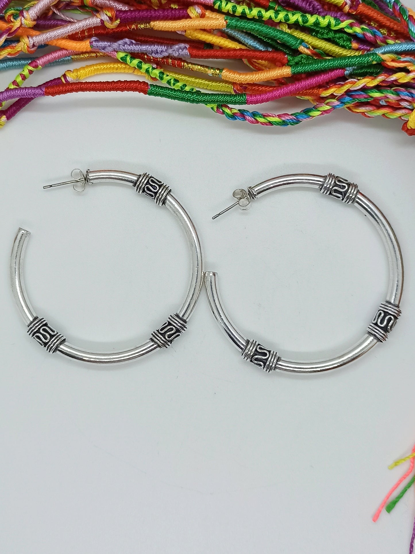 Silver Boho Earrings with Giant Tribal Hoops and Butterfly L