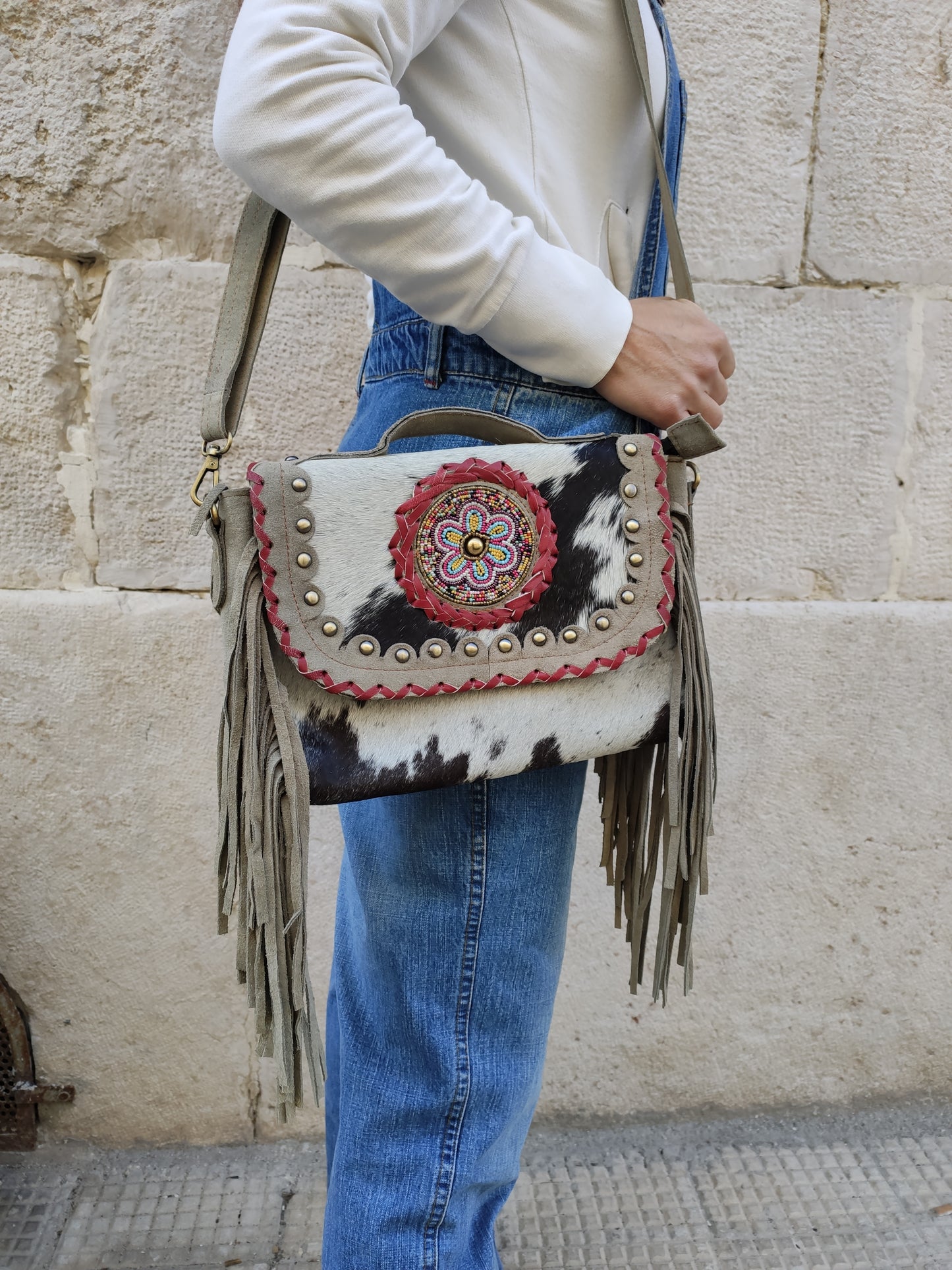 Borsa cuoio pelle scamosciata e pelo di montone 32PE