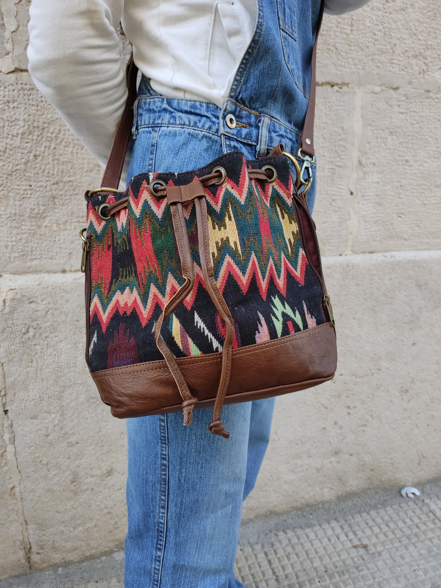 Borsa cuoio pelle e stoffa 38PE