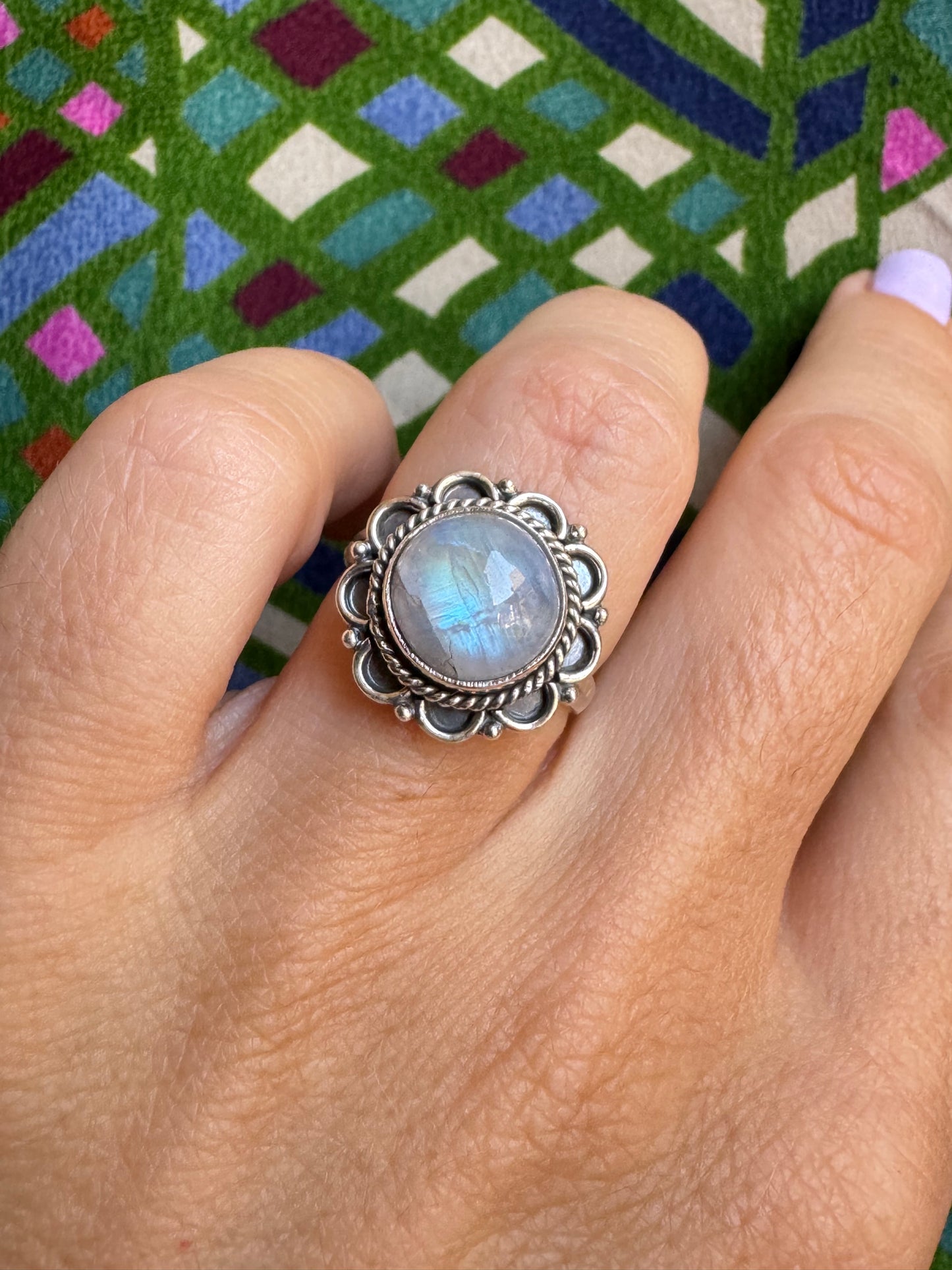 925 Silber Regenbogen Mondstein Ring Größe 14/15 - X27