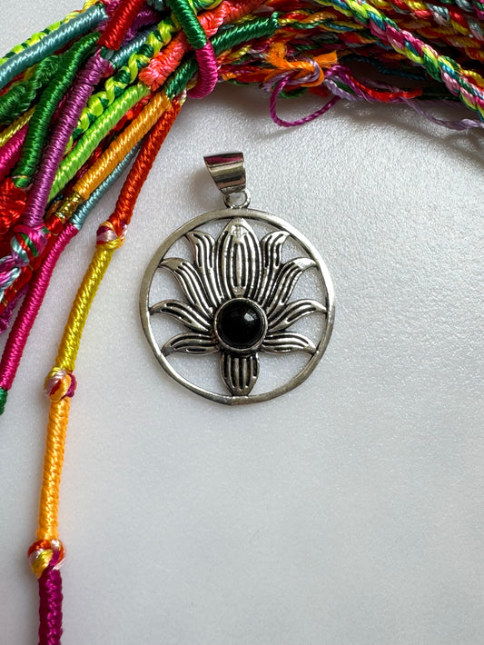 Silver necklace with black onyx lotus flower pendant