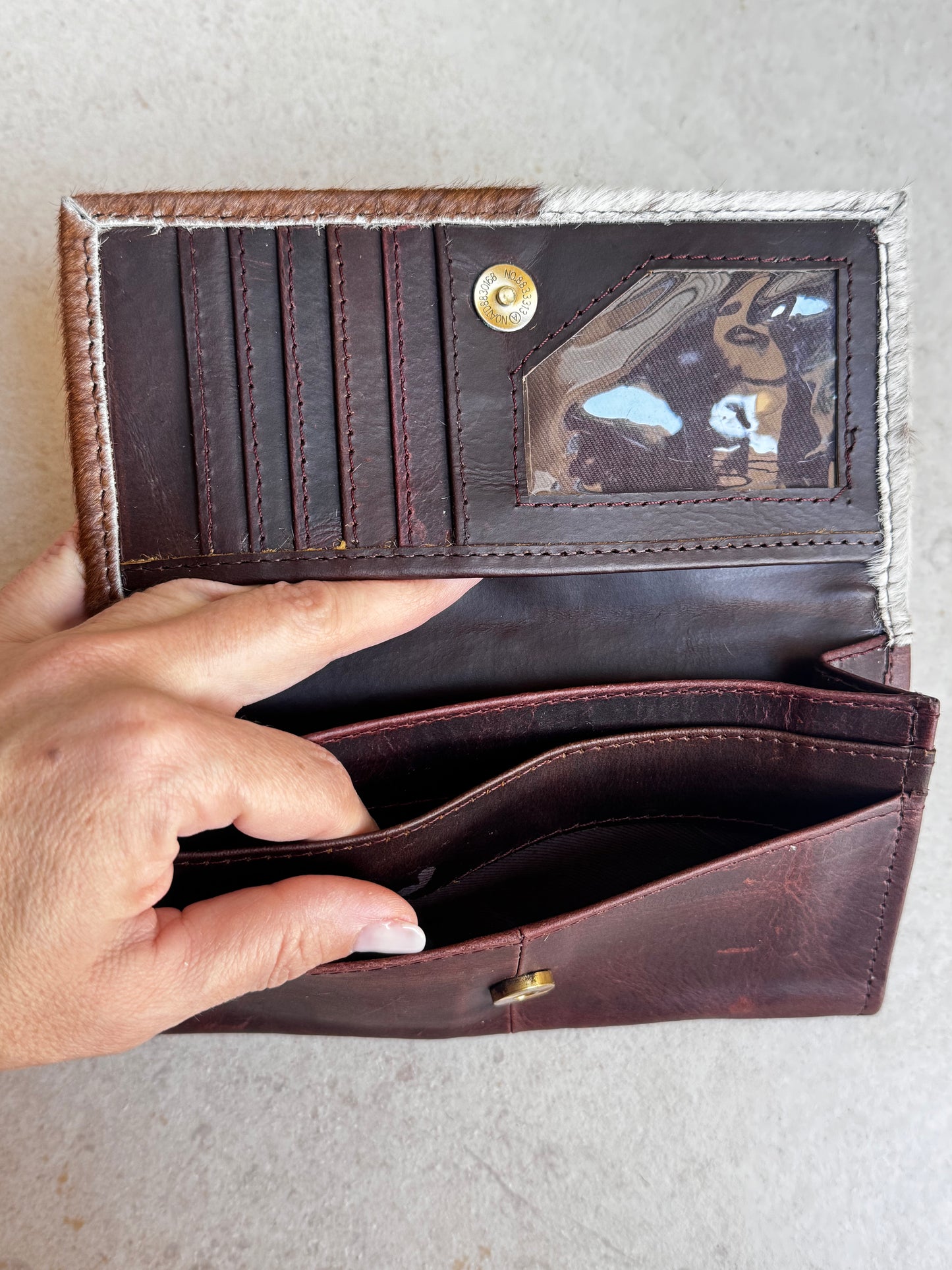 White and brown fur leather wallet