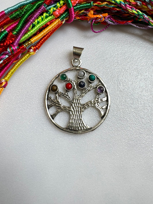 Silver necklace with seven chakra tree of life pendant