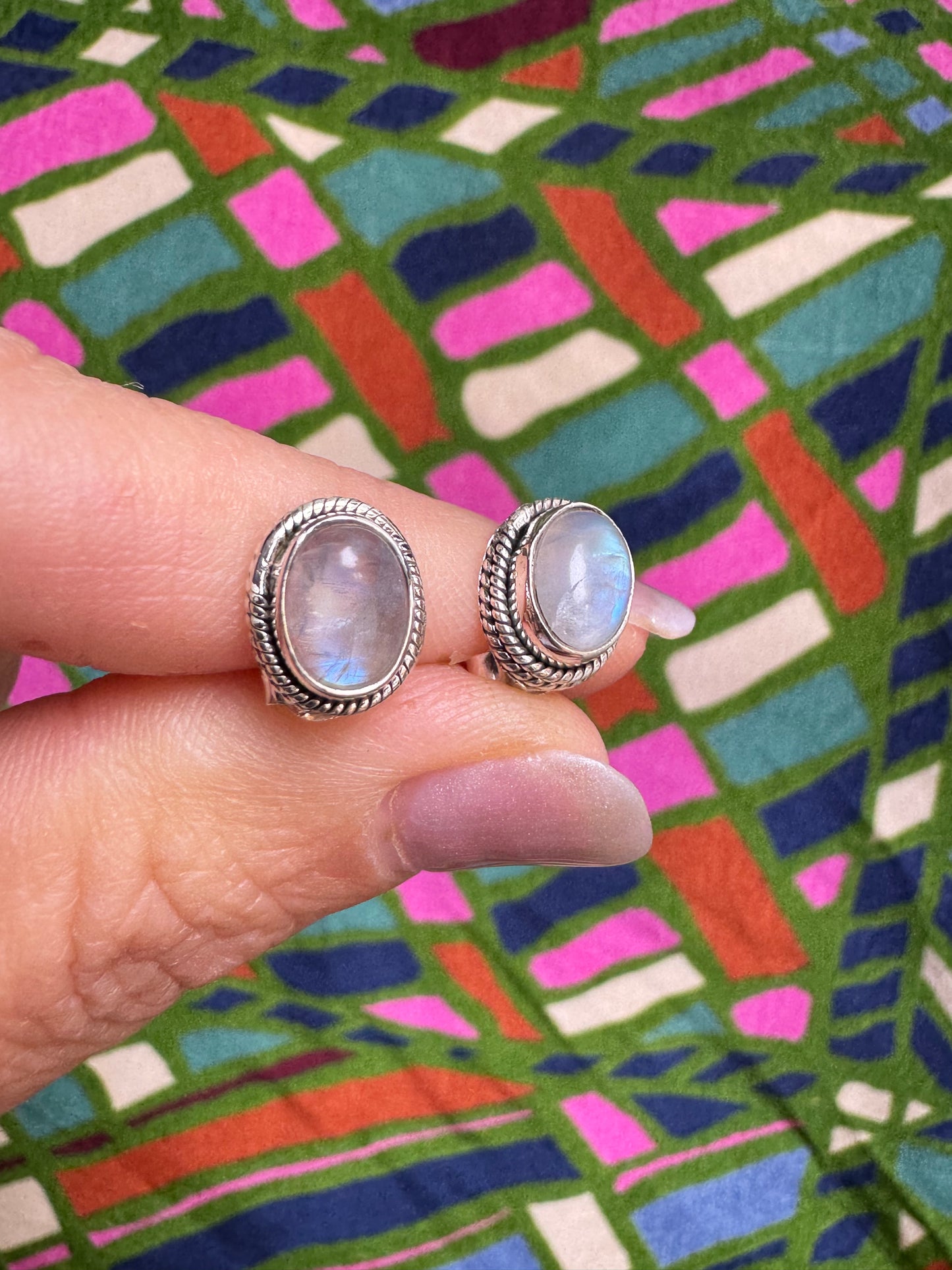 925 silver rainbow moonstone stud earrings