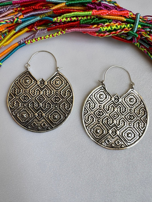 Decorated silver boho earrings