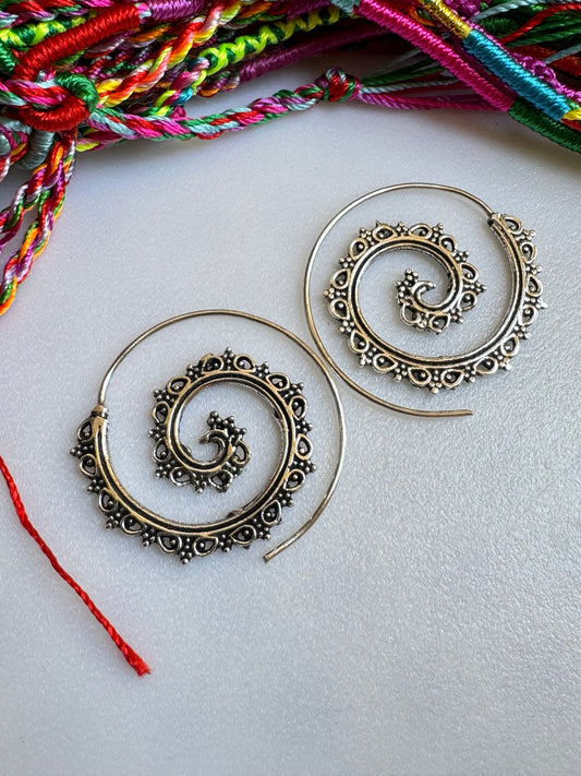 Boho earrings silver spiral drops