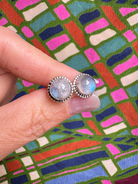 925 silver rainbow moonstone stud earrings