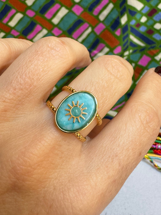 Turquoise golden steel ring