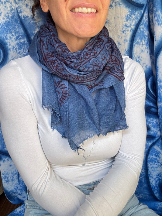 Pashmina sciarpa India blu ohm e Shiva