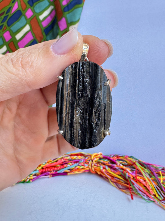 925 Sterling Silver Raw Black Tourmaline Pendant 8K