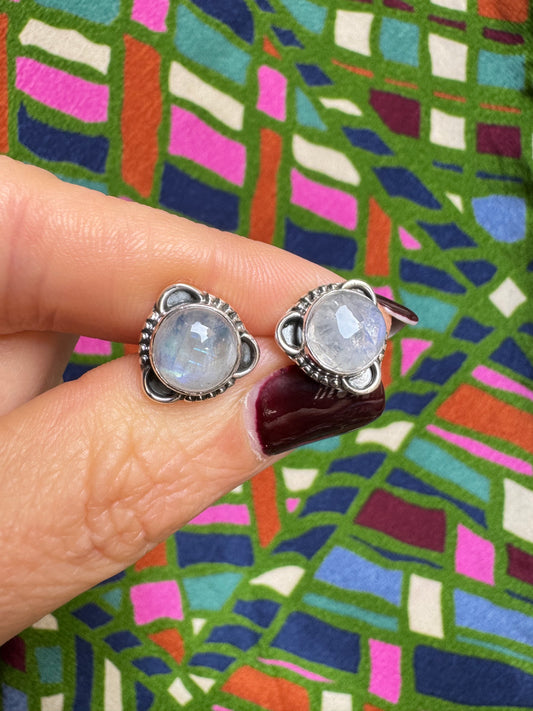 925 Silver Rainbow Moonstone Stud Earrings