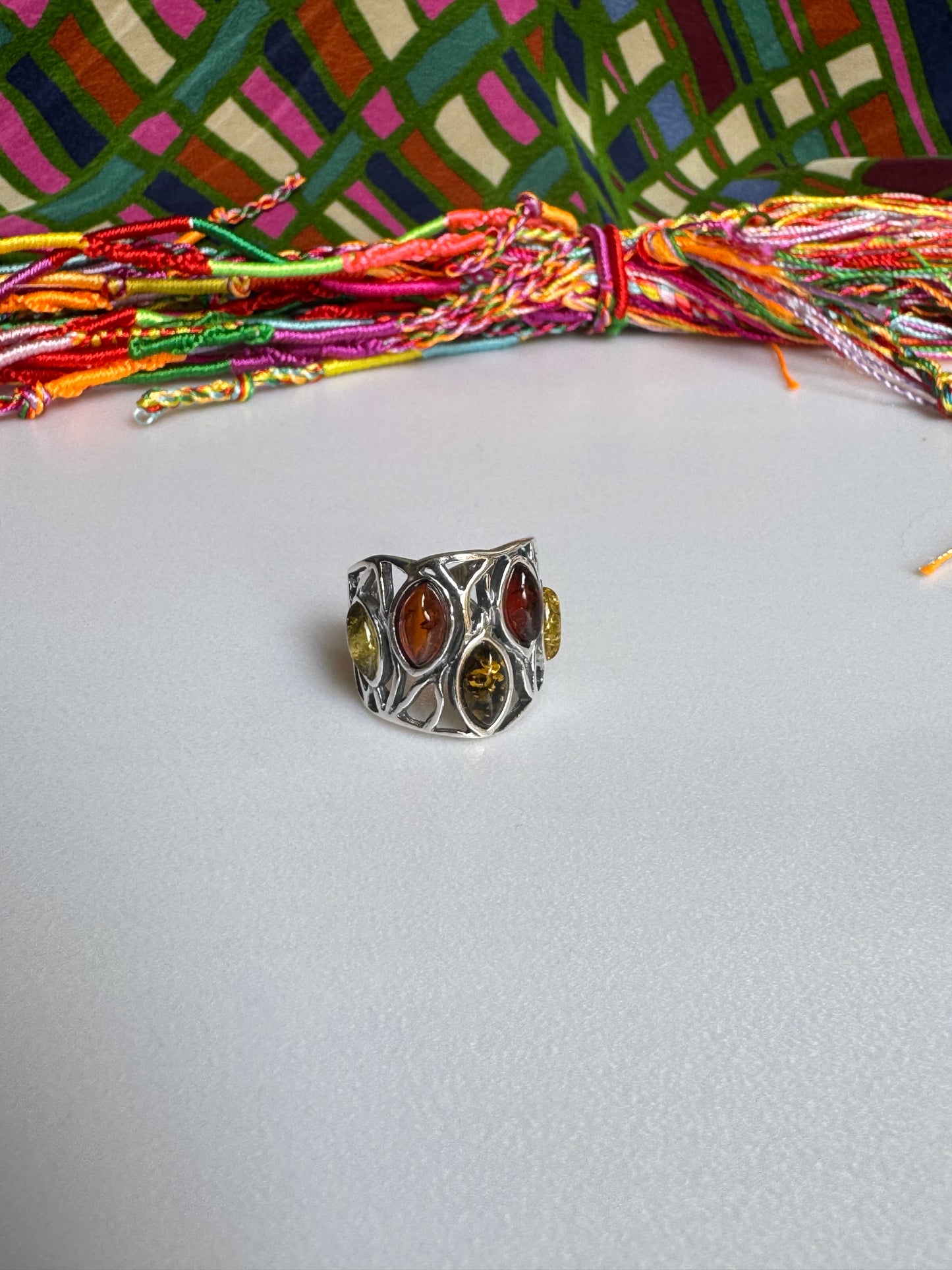 925 silver amber ring size 13/14 adjustable 46A