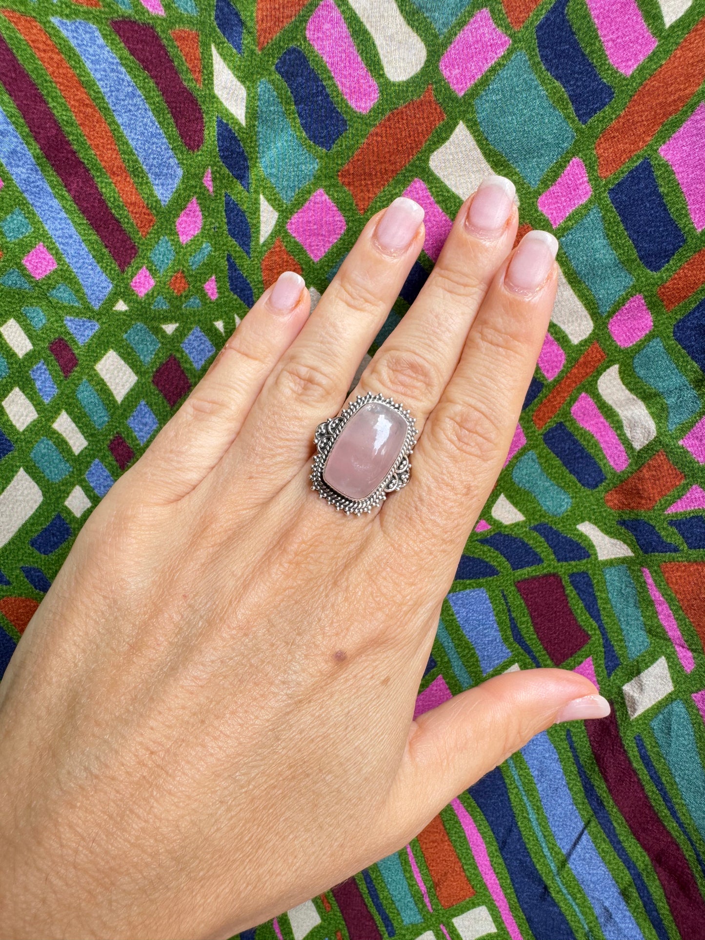 925 Silberring mit Rosenquarz, Größe 14/15 - X67