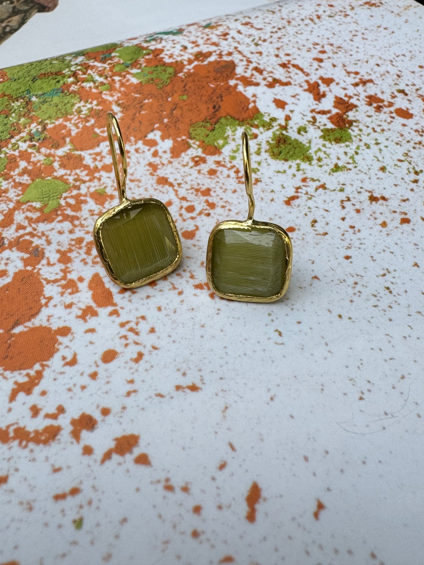 Acid green square stone earrings