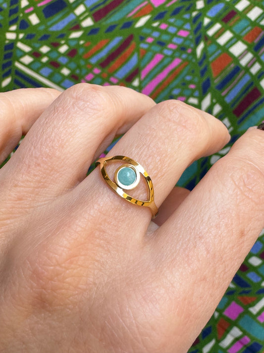 Turquoise golden steel ring