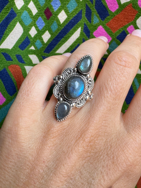 925 Silber Labradorit Ring Größe 11/12 - X81