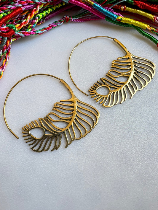 Boho golden spiral feather earrings