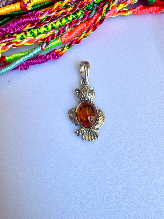 Amber owl 925 silver pendant