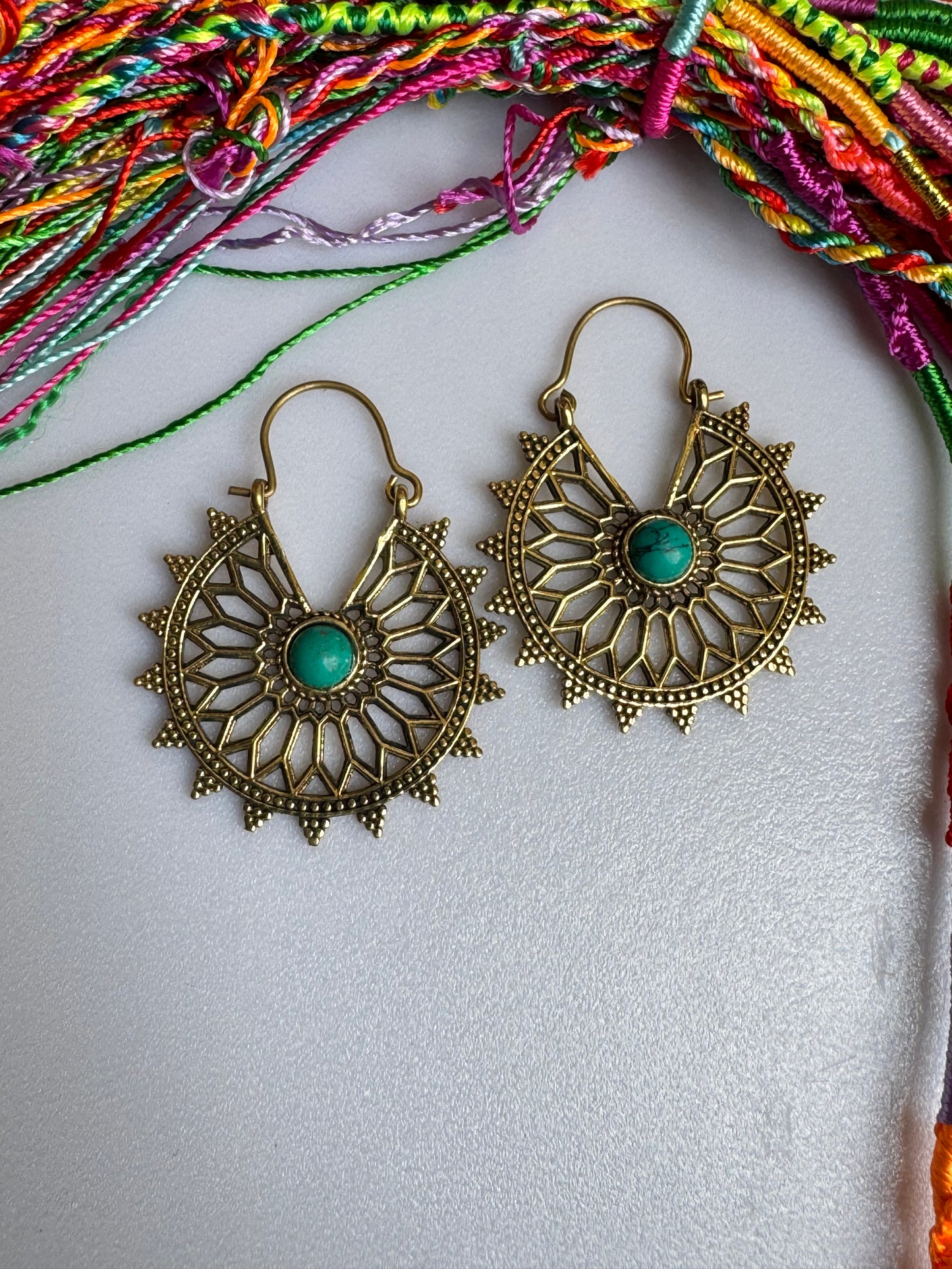 Boho golden turquoise shield earrings